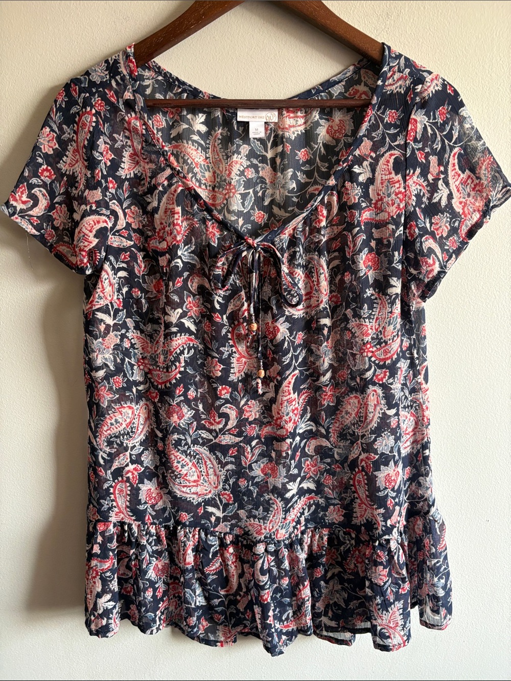 Westport 1962 Paisley Boho Blouse Medium Tie Neck Ruffle Hem